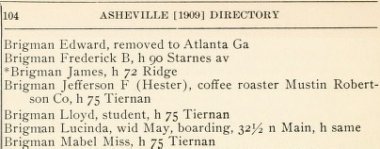1909 Asheville city directory listing for Mr. Brigman as coffee roaster